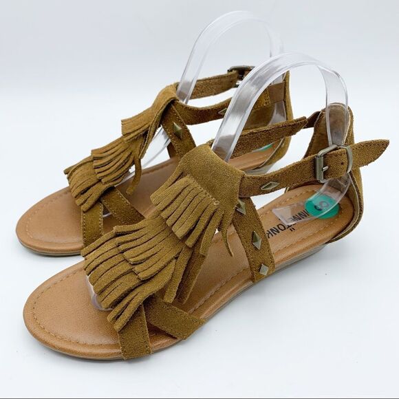 Minnetonka Merriam Suede Fringe Sandals Tan Wedge Sz 8 - Picture 2 of 13
